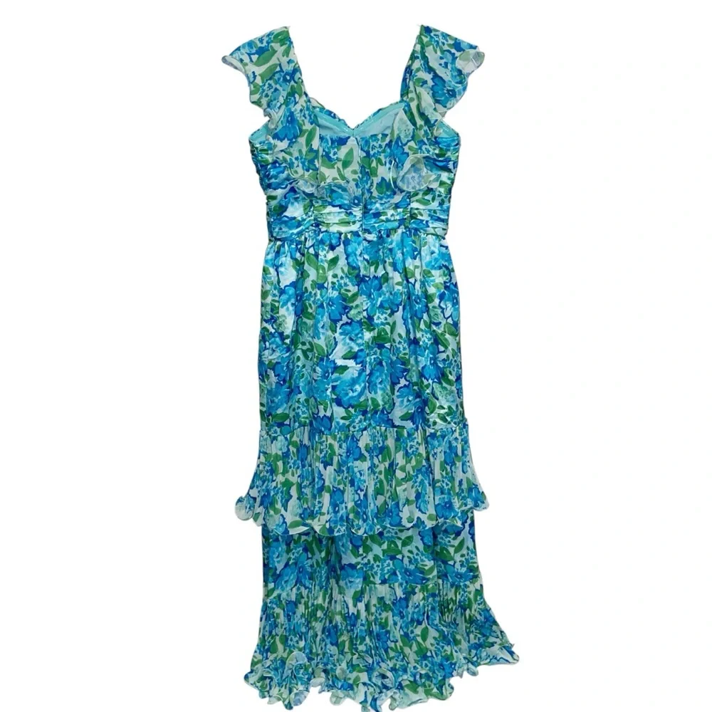 Amur Dress Womens Size 6 Pia Garden Blues Floral Pleated Tiered Midi Cottage - Picture 5 of 16